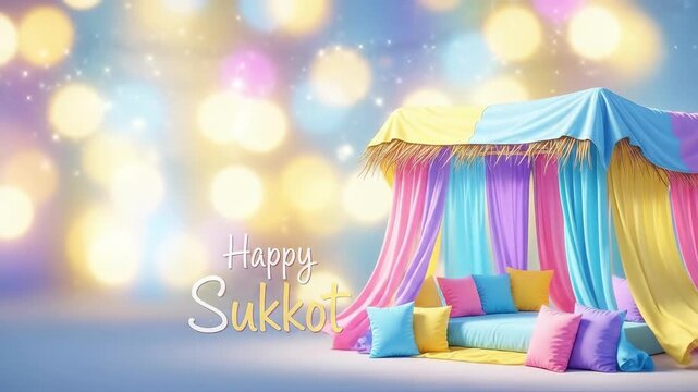 Colorful sukkah booth with pillows and fabrics for Sukkot celebration. Jewish holiday tradition featuring temporary hut with branch roof. Festive autumn gathering and family joy concept