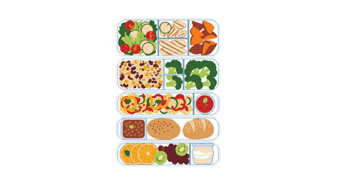 Vertical stack of four transparent boxes with healthy meals.