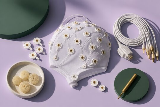 Soft pastel medical accessories and electrode mask arranged in a playful flat lay with cables and tactile wellness details