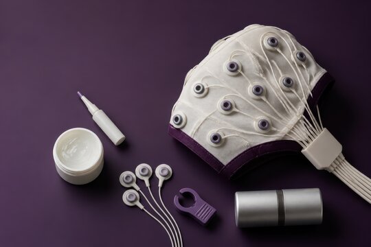 Portable electrotherapy device with electrode pads and accessories on purple background