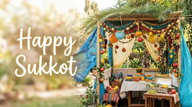 Happy Sukkot greeting with colorful sukkah booth decorated with fruits balloons and lights. Jewish holiday celebration featuring traditional table setting and palm frond roof