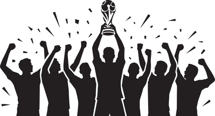Obraz premium Team celebrating with trophy raised high in victory arms raised in the air confetti falling around