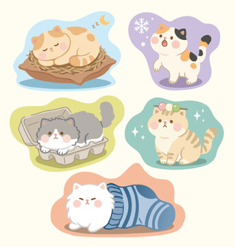 Cute Kawaii Cat Sticker Set in Various Poses and Situations