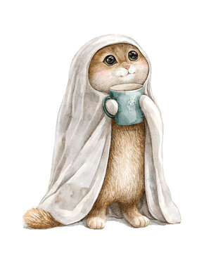 Watercolor cute red funny cat in blanket holds mug with hot drink isolated on white background. Hand drawn illustration sketch