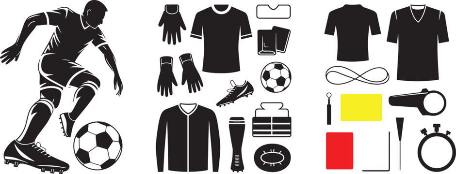 Soccer equipment and referee tools icons set in outline solid and colored styles with red card team