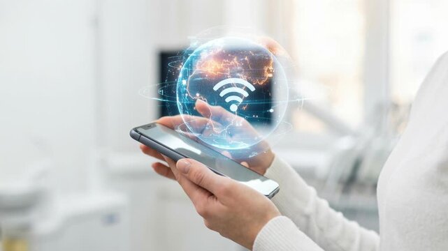 A person uses a smartphone to access global networks. They interact with a digital globe that shows connectivity symbols. This takes place in a bright technology lab during daylight