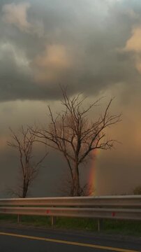 View from moving car through side window showing double rainbow. Scenic roadside with guardrail and green fields under dramatic sky. Concept travel, weather and journey. Vertical video