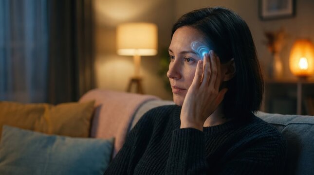 Thoughtful woman sitting on a sofa touching her glowing temple representing mental health or telepathy