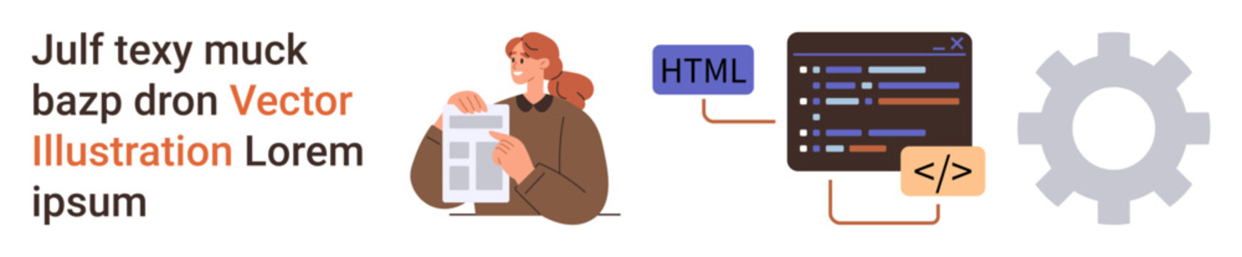 Web development, coding, technology, software, learning, productivity. Woman holding a document, HTML code snippet. Web development and coding concepts illustrated through visual elements