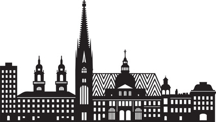 Fototapeta premium Cityscape silhouette buildings with tall spires churches and modern architecture on white background