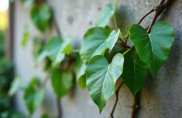 Obraz premium Ficus pumila plant grows on concrete wall. Heart shaped green leaves spread on vine. Natural foliage climbs textured surface. Background shows soft focus garden elements.
