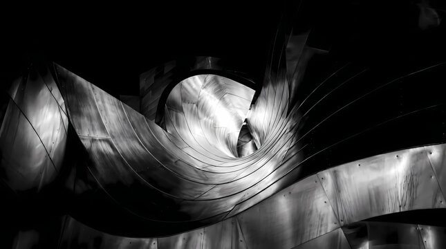 Dramatic monochrome close-up of modern deconstructivist architecture. High-contrast metallic curves create a bold geometric design. Ideal for luxury minimalist wall art prints and office decor.