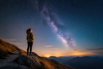 Fototapeta premium Person standing on mountain cliff under the Milky Way at sunrise with dramatic twilight sky and distant peaks