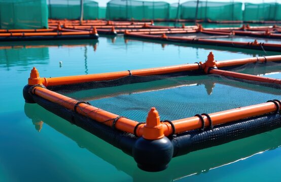 Offshore fish farm cages in clear blue sea water. Aquatic aquaculture industry structure for sustainable seafood production. Marine cultivation nets float on ocean surface.