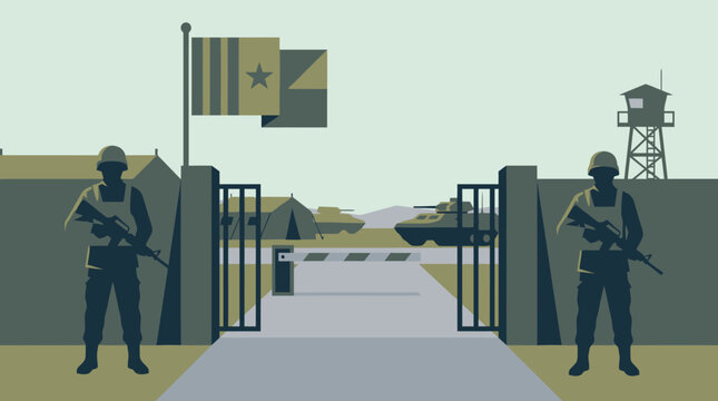 Military guards at a secure facility entrance.