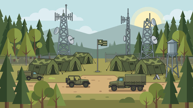 Military base camp in a forest.