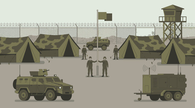 Military base camp with soldiers and vehicles.