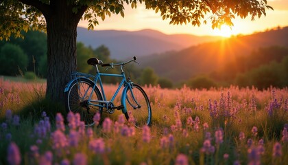 Fototapeta premium Vintage blue bicycle rests near tree in blooming meadow at sunset. Gentle sun rays illuminate rolling hills and purple flowers. Serene nature scene evokes peaceful mood.