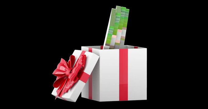 Gift box with euro banknotes rotation animation seamlessly loopable. 3D rendering isolated on transparent background