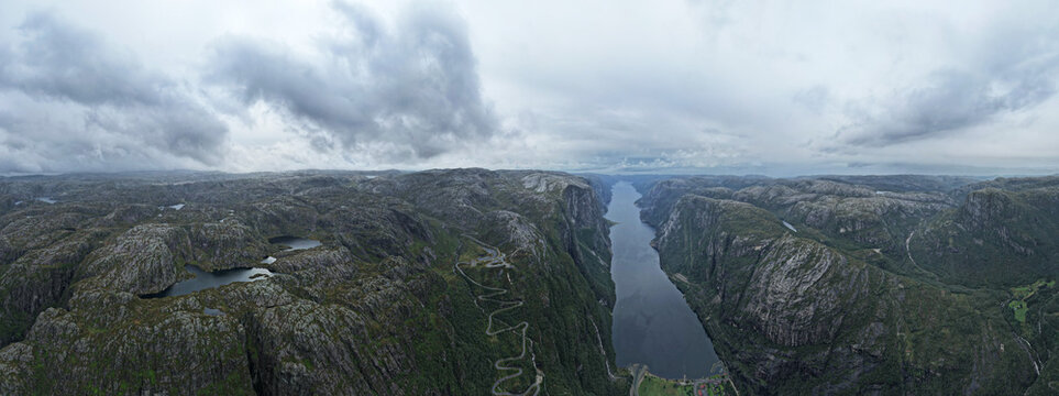 Panoramic Aerial View of Lysefjord and Lysebotn in Norway