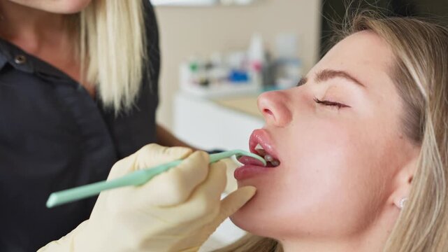 Dentist examining woman teeth with dental mirror during procedure in clinic. Concept of oral care and preventive dentistry.