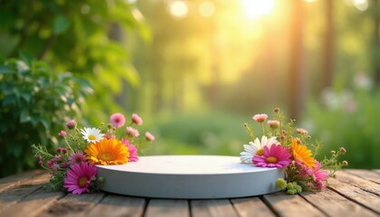 Fototapeta premium White round podium with colorful flowers on wooden planks. Soft golden sunlight shines on lush green nature background. Empty platform for product display or presentation. Product showcase.
