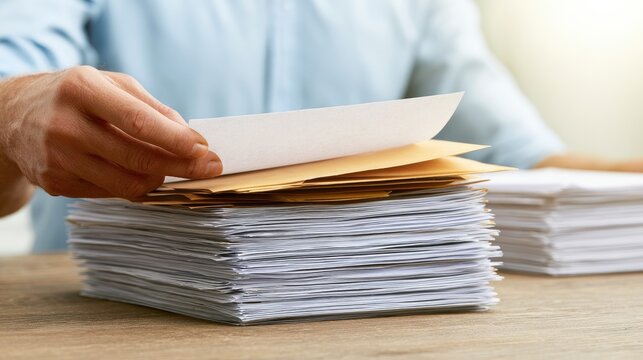 Person sorting through a stack of documents and envelopes
