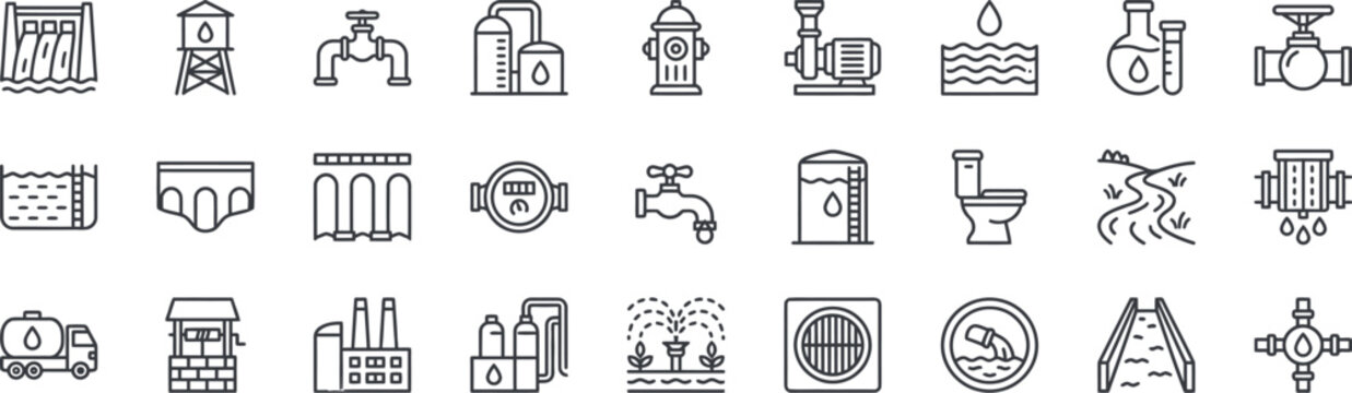 Water Infrastructure and Supply System Line Icon Set