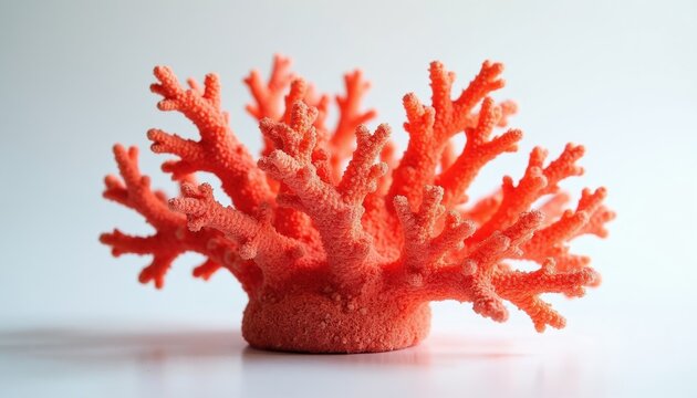 Bright red coral specimen displayed on a clean white background. Branching structure with detailed texture. Represents ocean life nature and decorative art. Isolated object.