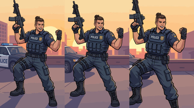 Police officers in tactical gear performing a dance move with guns in hand.