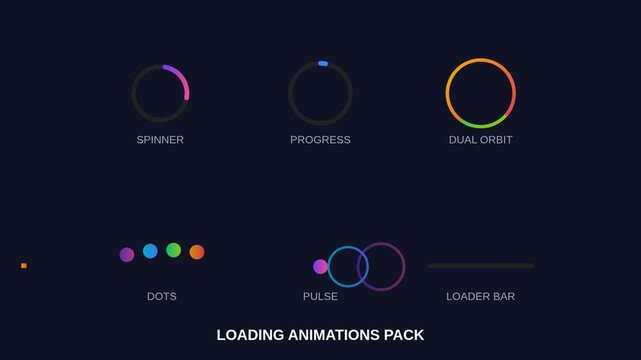 Loading animations pack with colorful UI elements, circular progress bars and spinner icons, modern web interface loader set for apps