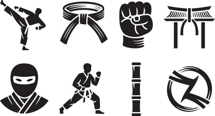 Martial arts icons set in outline solid and colored styles with karate kick and fist in outline © MOHAMMAD
