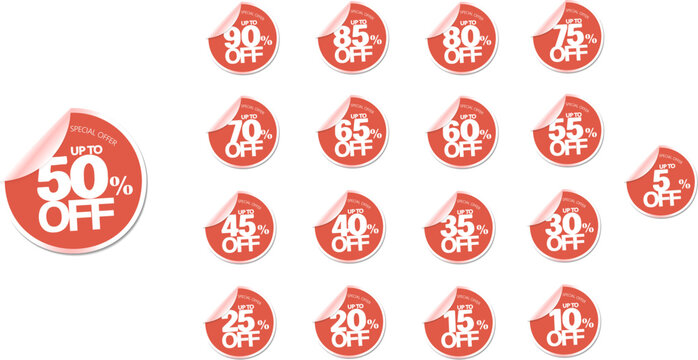 Vibrant orange realistic peeling sticker discount badges bundle from 5 to 90 percent off