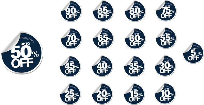 Dark blue premium peeling sticker discount badges bundle from 5 to 90 percent off