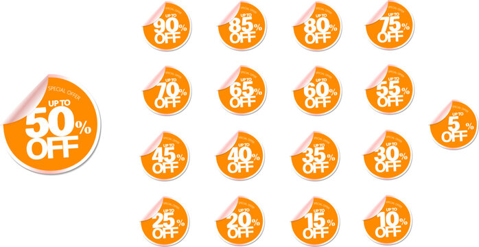 Bright yellow realistic peeling sticker discount badges bundle from 5 to 90 percent off
