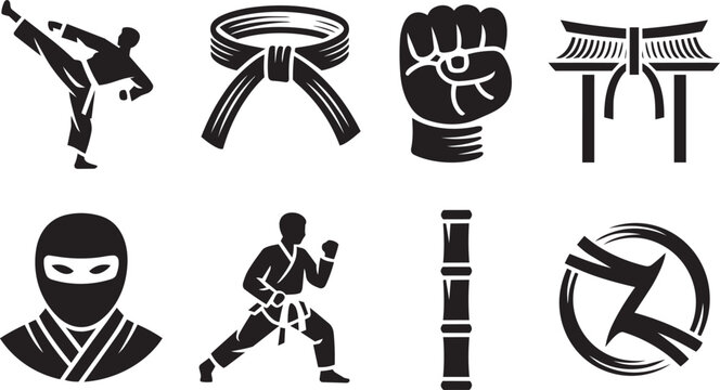 Martial arts icons set in outline solid and colored styles with karate kick and fist in outline