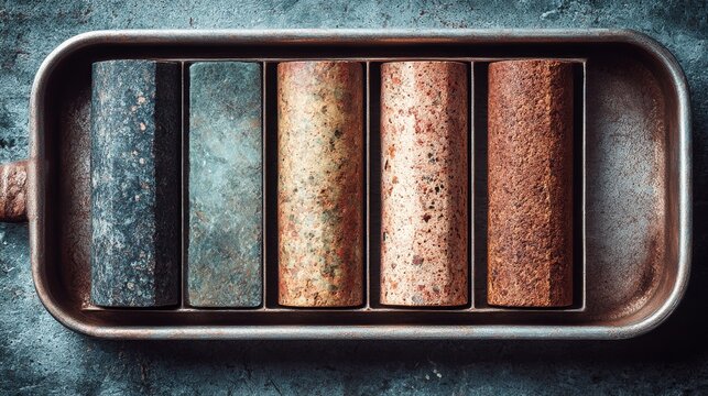  Five Textured Cylinders in Metal Tray: Industrial Aesthetics of Rusted and Stone-Like Materials