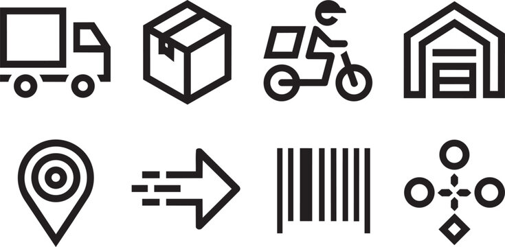 Modern delivery logistics shipping transportation warehouse tracking icons set in outline style