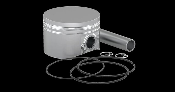 Engine piston parts with rings rotation animation seamlessly loopable. 3D rendering isolated on transparent background