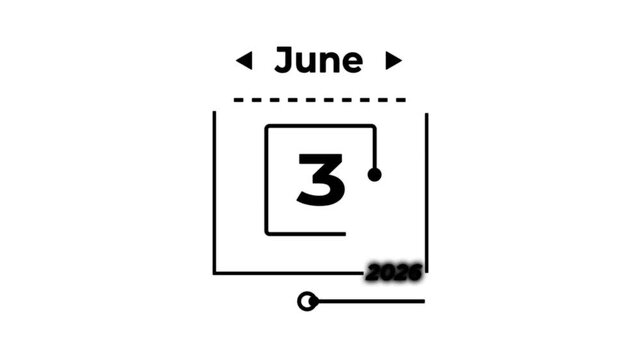 JUNE 3 calendar icon with year 2026 date animation. A very important date in the calendar. Signing a day on a calendar with white background.4k animated video.