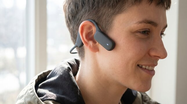 Smiling young woman wearing modern grey bone conduction headphones on her head near a window