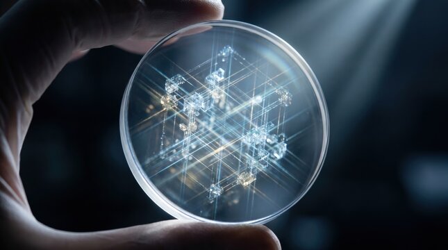 Fingers holding a round glass lens displaying a complex glowing optical quantum computing structure