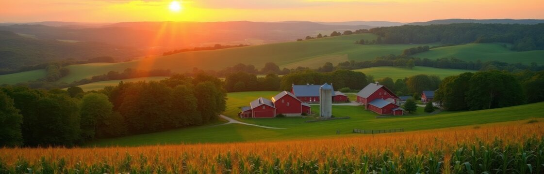 Red farm buildings sit on green rolling hills at sunset. Cornfield in foreground. Golden sun sets over vast countryside landscape. Rural tranquil scene.