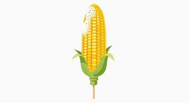 A colorful illustration of a partially eaten corn on the cob on a stick in white background.