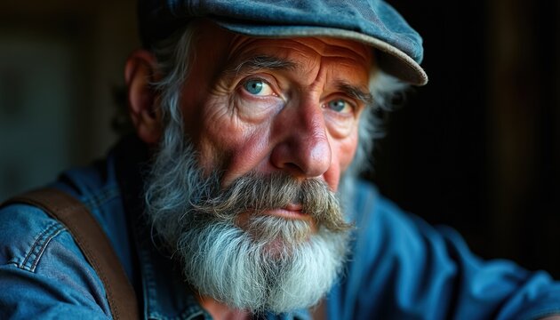 Weathered old man with blue eyes and grey beard wears cap and denim shirt. He looks serious, his face shows years of hard work and wisdom. Authentic rural character close up.