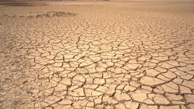Tilt-up shot from a close-up of deeply cracked earth to a wide view of a vast, barren drought landscape. Ideal B-roll for projects on climate change, desertification, and water scarcity.