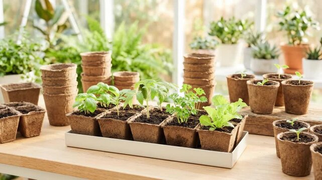 Assortment of young seedlings in biodegradable pots on wooden table. Indoor herb and vegetable propagation for home gardening and sustainable cultivation