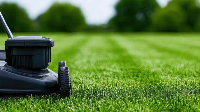 Close-up of a modern lawn mower cutting a freshly manicured green lawn