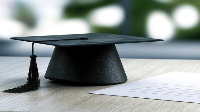 A black graduation cap with tassel rests on a wooden surface next to a diploma