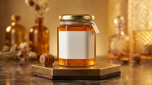 Golden Honey Jar with Blank Label and Dipper on Elegant Pedestal.